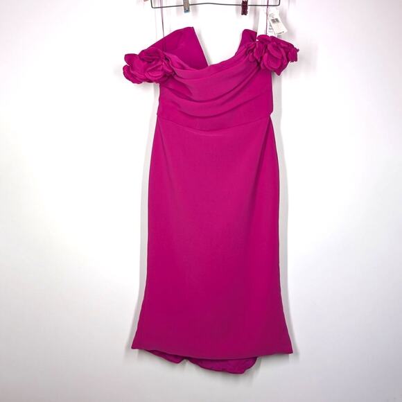 Marchesa Draped Off The Shoulder Crepe Midi Dress Floral Applique Pink Size 10 - Picture 2 of 10